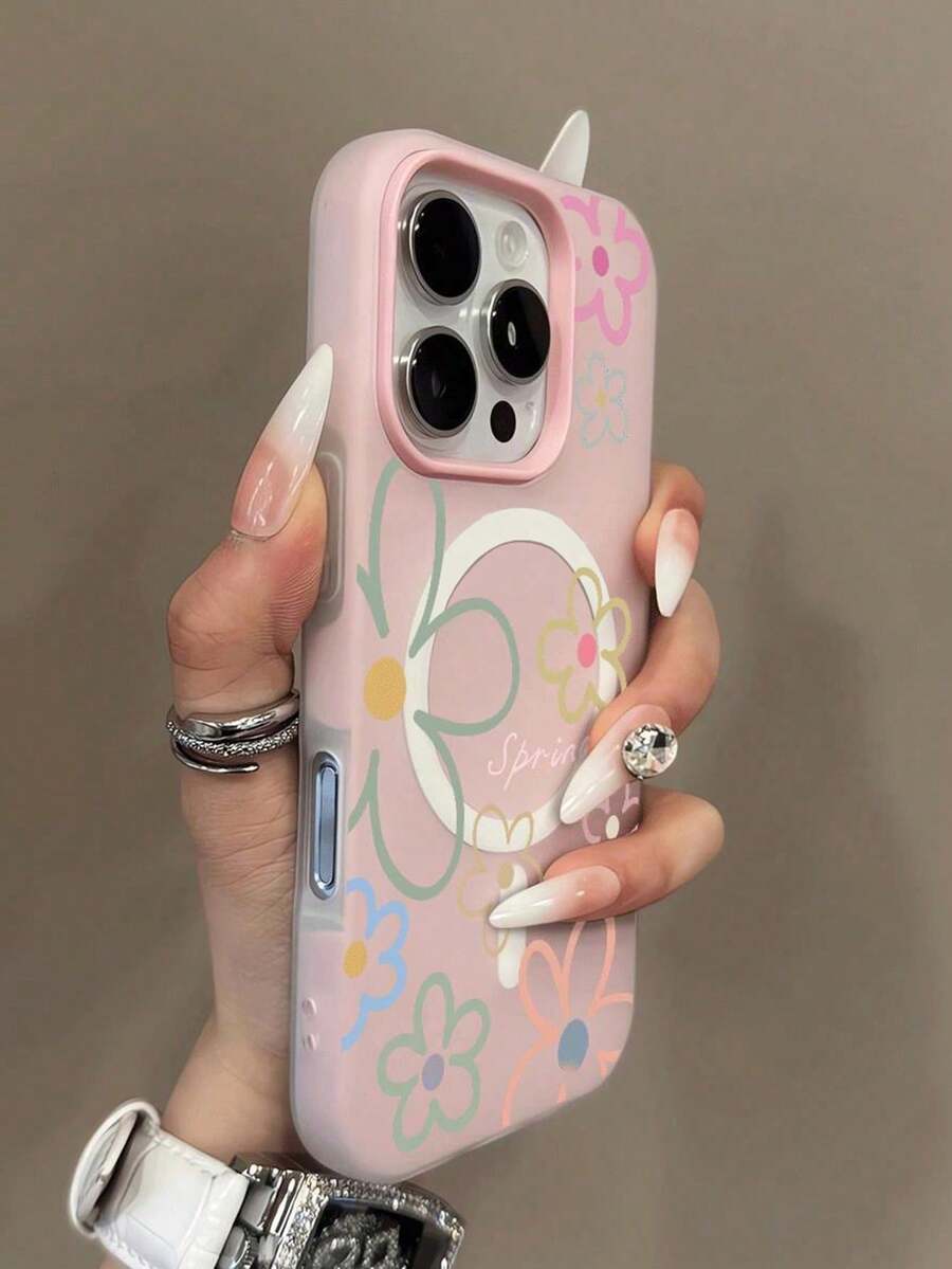1 Piece Fashion Phone Case. Does Not Include Lanyard Or Stand. Shockproof. Floral Fashion 1 Unit Spring Flower Pattern Jelly 2 In 1 Magnetic Phone Case, Couples Phone Case, Suitable For 17 Professional Max. 16 Professional Max. 15 Professional Max. /13/15/16/17 Pro/14/11 Protective Magnetic 2 In 1 Gel Case With Fashionable Floral Pattern Spring Birthday Gift - 粉色 - 查看 1