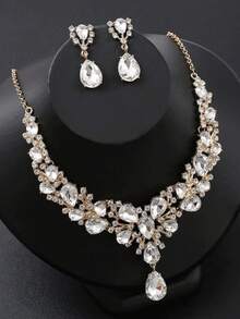 Bộ 1 dây chuyền và bông tai thời trang phong cách phóng khoáng đính pha lê, kim loại đính đá rhinestone toàn bộ, phù hợp làm phụ kiện cho váy cưới cô dâu và đầm dạ hội - trắng - Xem 8