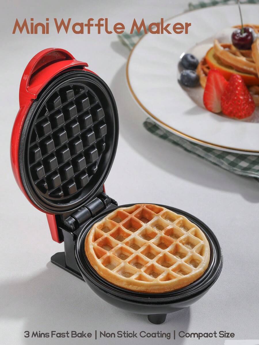 SCISHARE 1pc Mini Waffle Maker, 10cm Waffle Mold, Water-Based Non-Stick Coating, Easy To Clean, 350W Fast Heating, Compact Design For Drawer Storage, EU Plug, 70cm Power Cord - Ideal For Children And Families To Make Breakfast While Traveling And In Small Kitchens, Just Add Batter (Red Round)