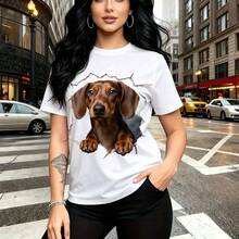 Camiseta de mujer con estampado 3D de cachorro Dachshund rompiendo la tela - diseño realista y divertido, ajuste moderno y cómodo para el cuerpo, estilo urbano casual con toque juguetón - ideal para paseos por la ciudad, salidas entre amigas, eventos - Blanco - Ver 7