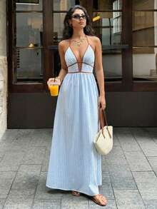 Vestido Cuello Halter Espalda Descubierta Rayas Disponible en Múltiples Colores - Azul - Ver 3