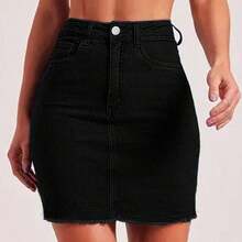 Falda vaquera negra casual de cintura alta con flecos - Azul lavado oscuro - Ver 2