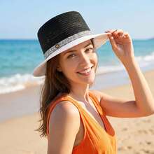 1pc M-Logo Women's Handmade Straw Hat, Outdoor Vacation Beach Sun Protection Bucket Hat - M-shaped Straw Hat - View 4