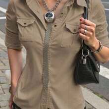 WNS  Camisa de manga larga con cintura ceñida y estilo utilitario en color caqui para mujer, casual para exteriores y trayectos, otoño - Marrón Mocha - Ver 1