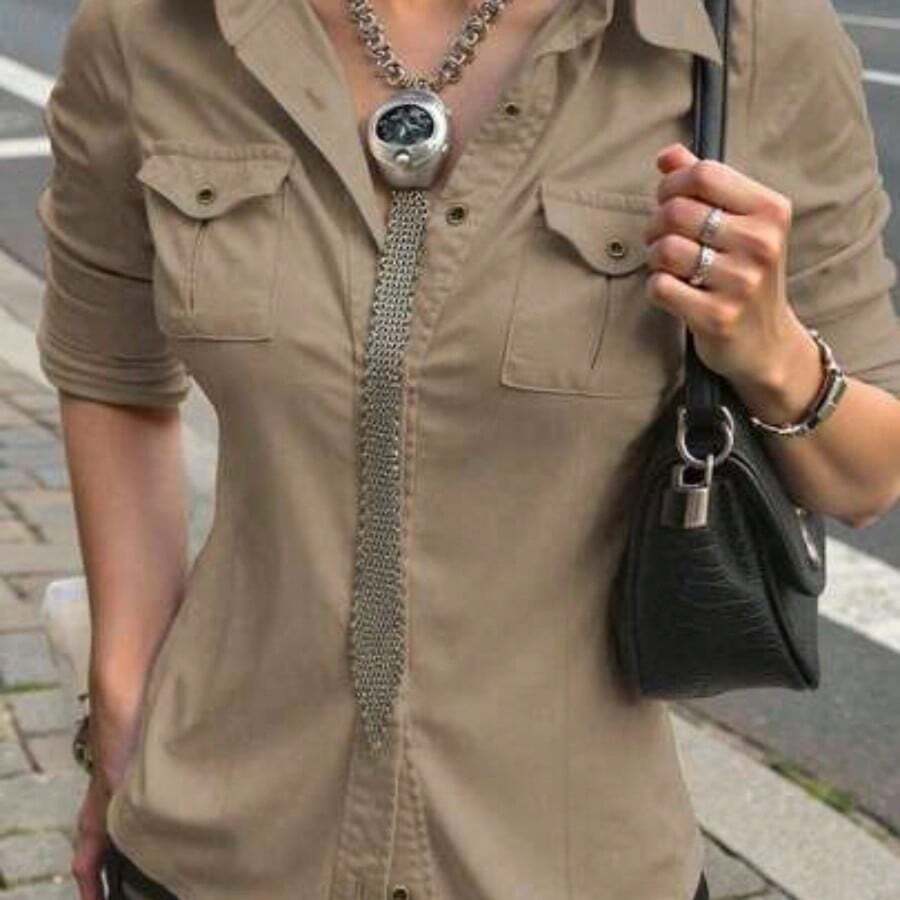 WNS Camisa de manga larga con cintura ceñida y estilo utilitario en color caqui para mujer, casual para exteriores y trayectos, otoño - Marrón Mocha - Ver 1