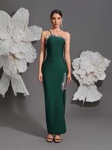 Knitted Bandage Dress, Women's One Shoulder Handmade Beaded Sexy Bodycon Slit Elegant Dress For Home Party, Holiday, Banquet Wedding - Dark Green - View 2