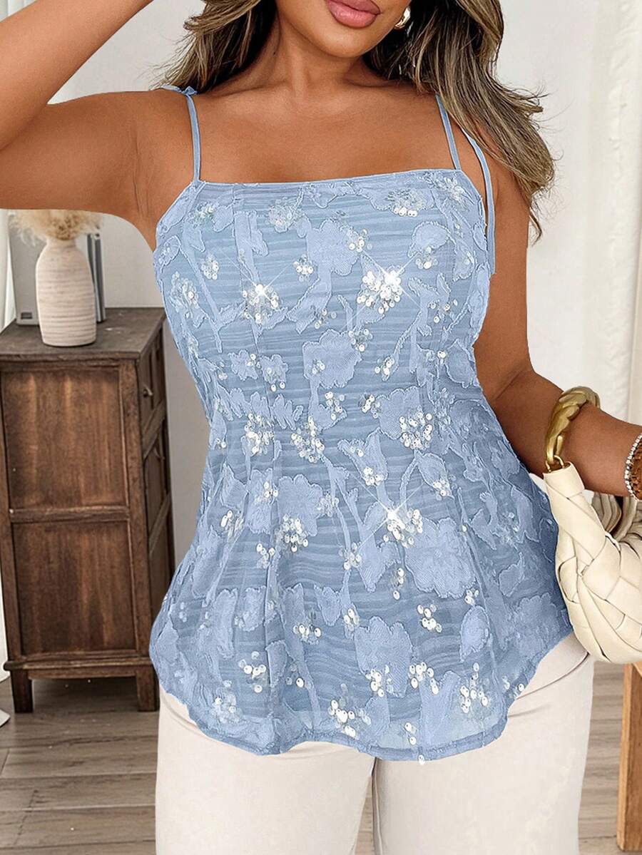 Elegante camisola de mujer con flores de lentejuelas, top de tirantes finos con decoración delicada, adecuado para salidas nocturnas y celebraciones - Azul - Ver 1