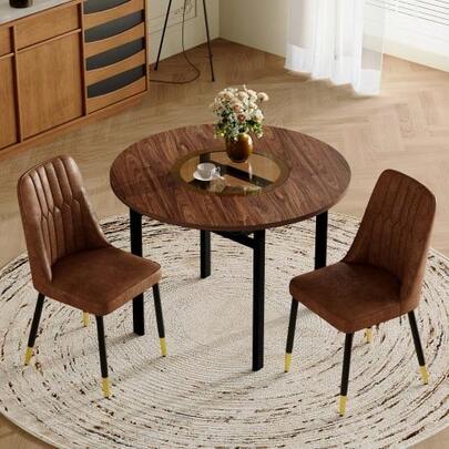Modern Minimalist Round Dining Table Set (With 2 Chairs In Brown Technical Fabric And Black Metal Legs), 100cm Diameter Round Table With Wood Look, Suitable For The Dining Room And Kitchen.
