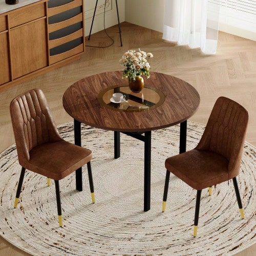 Modern Minimalist Round Dining Table Set (With 2 Chairs In Brown Technical Fabric And Black Metal Legs), 100cm Diameter Round Table With Wood Look, Suitable For The Dining Room And Kitchen. - Black and Brown - View 1