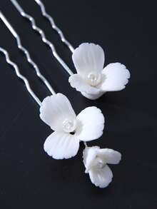 6pcs Handmade Soft Clay Flower & Golden Leaf Faux Pearl Hair Clips, Versatile Casual Fashion Bridal Headpiece - Silver - View 6
