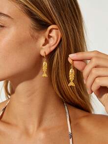 1 Pair Fashion Conch Shell Hoop Earrings For Women Gold Color Geometric Pendant Earrings Sea Life Jewelry Beach Party Gifts - Gold 2 - View 9