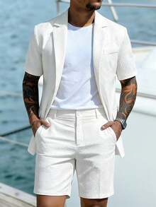 2pcs Men's Short Sleeve Suit Jacket And Shorts Set, Casual And Fashionable Daily Wear, Suitable As Gift For Male Friends - White - View 3