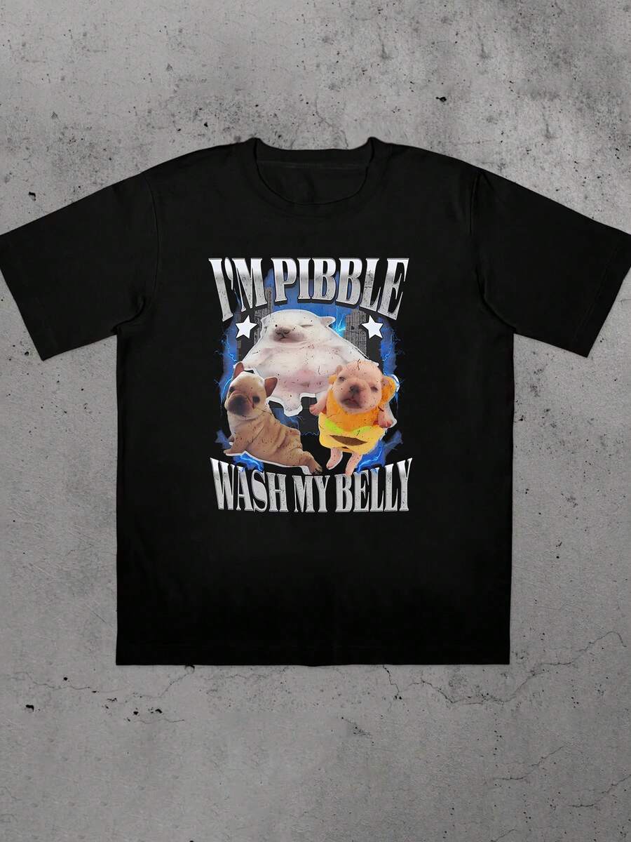 Camiseta engraçada de manga curta, fofa, casual, confortável e respirável, 100% algodão, unissex, com estampa de bulldog IM PIBBLE, preta, gola redonda. - Preto - Ver 1