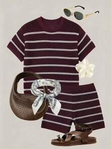 Conjunto de top de manga corta y pantalones cortos de punto transparente con diseño de rayas y calado para mujer Senya, casual para uso diario, vacaciones, viajes, Año Nuevo, Día de San Valentín, conjunto de ropa de playa para verano - Rojo violeta - Ver 1