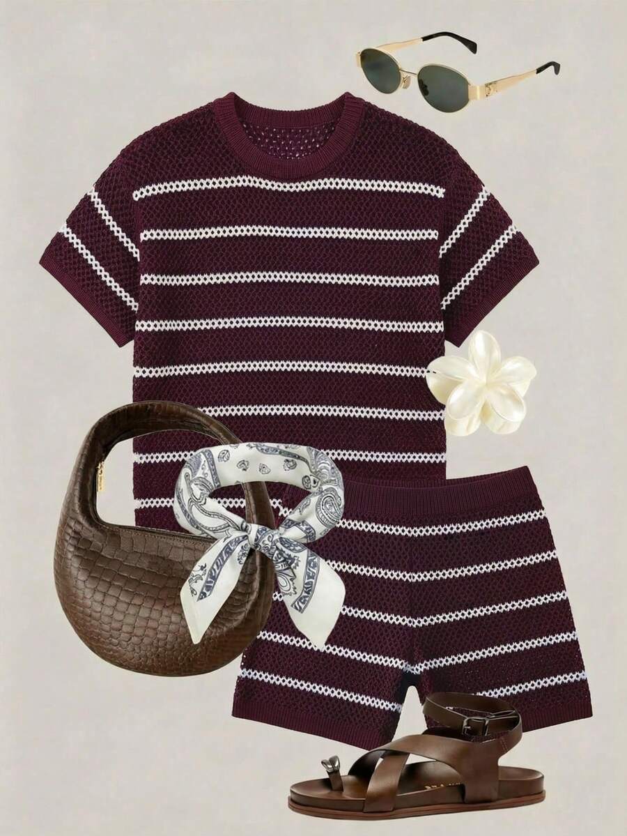 Conjunto de top de manga corta y pantalones cortos de punto transparente con diseño de rayas y calado para mujer Senya, casual para uso diario, vacaciones, viajes, Año Nuevo, Día de San Valentín, conjunto de ropa de playa para verano - Rojo violeta - Ver 1