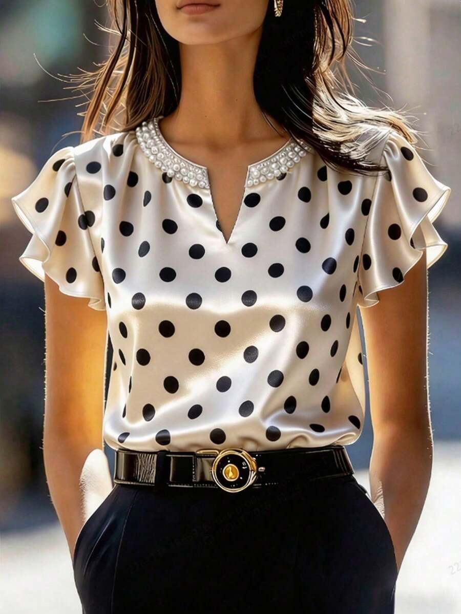 Camisa de satén color champán con cuello de perlas y mangas sueltas para mujer, blusa de satén corta con decoración de perlas elegante francesa, top de satén de manga corta con cuello de perlas elegante y delicado - Albaricoque - Ver 1