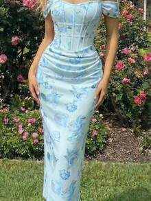 Women's Off-The-Shoulder Fitted Dress With Ruching And Floral Print - Ivory White - View 1