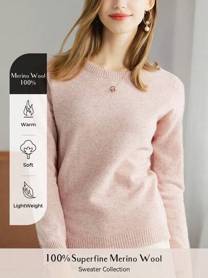 100% Merino Wool Warm And Soft Round Neck Sweater For Autumn/Winter Casual Pink