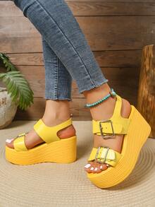 Women's Summer Fashion Shoes, Platform Open Toe Wedge Heel New Yellow Glossy Stylish Thick Bottom Sandals. Versatile High Heel Ladies Anti-Slip Peep-Toe Summer Thick Sole Increased Height Sandals. Adjustable Buckle Design Summer Outdoor Casual Vacation Classic Versatile Women Shoes - Yellow - View 5