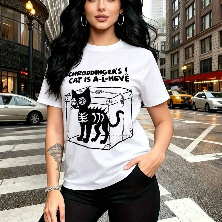 Camiseta de mujer con estampado divertido de física cuántica 'Schrödinger's Cat is A-L-Meow' y silueta de gato esquelético - camiseta casual de manga corta, ajuste cómodo y fresco, estilo urbano y humorístico para la calle - ideal para el Día de las - Blanco - Ver 1
