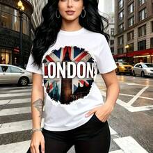 Camiseta de mujer con estampado circular desgarrado de Londres, bandera Union Jack y Big Ben en blanco - camiseta casual de manga corta con ajuste cómodo y estilo urbano moderno - ideal para paseos por la ciudad, salidas con amigas y regalo perfecto - Blanco - Ver 9