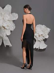 Vestido de mujer con cuello halter, de punto, con flecos y patchwork, estilo nuevo europeo & americano, para vacaciones, fiesta de noche, sexy, ajustado, para festival familiar, color negro - Negro - Ver 9