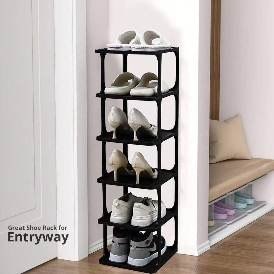 Organizador de zapatos plegable de 6 niveles, Simple apilable zapato rack,Zapatero de Esquina Estrecha, para armario, pasillo, entrada, dormitorio ect. (-2) - Negro-2 - Ver 1