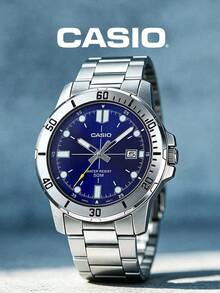 Casio 卡西欧男士模拟腕表，不锈钢表带，蓝色表盘，50米防水，日期显示，运动商务腕表 MTP-VD01D-2E - 銀色 - 查看 1