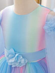 Vestido largo estilo hada para niñas, nueva llegada de verano, 3-12 años, falda de malla con degradado arcoíris soñador y elementos florales, vestido de princesa línea A multicapa para niñas, diseño de chal dulce, adecuado para primer cumpleaños, niña de las flores en boda, fiesta, reunión, ocasiones formales, vestido de noche novedoso - Azul - Ver 7