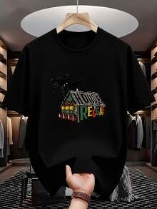 Camiseta unisex, ¡Sumérgete en la  de la cultura musical reggae!Camiseta de manga corta de verano para hombre - HOUSE OF REGGAE con estampado creativo| Disponible en negro clásico, blusas para mujer, playeras de mujer, blusa, playeras, tela ligera y transpirable, moderno y atractivo, ropa casual diaria, vacaciones de verano, ropa informal. - Negro - Ver 1