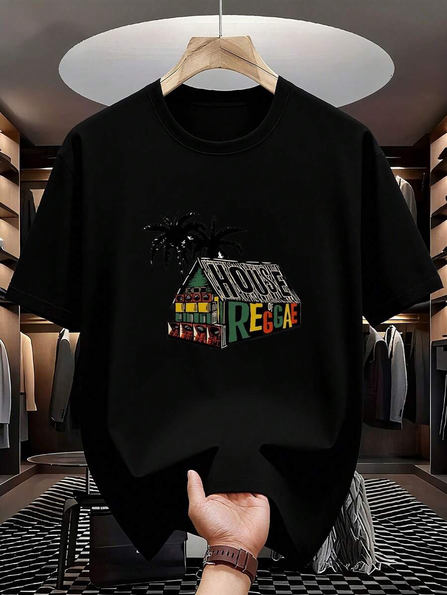 Camiseta unisex, ¡Sumérgete en la  de la cultura musical reggae!Camiseta de manga corta de verano para hombre - HOUSE OF REGGAE con estampado creativo| Disponible en negro clásico, blusas para mujer, playeras de mujer, blusa, playeras, tela ligera y transpirable, moderno y atractivo, ropa casual diaria, vacaciones de verano, ropa informal. - Negro - Ver 1