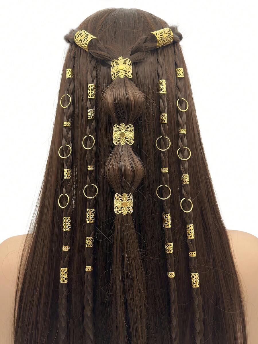 85 pezzi Anelli per capelli in lega a forma di rete cava per dreadlock, fermagli vintage per capelli per donne e ragazze, accessori per capelli, gioielli per capelli loc per trecce, mollette a pinza - Dorato - Visualizzare 1