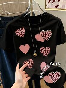 Women's Short-Sleeved T-Shirt With Heart Print, Spring Clothing, Holiday Outfit, White For Summer, Beach Look, Vacation Style, Country Style, Women's Office Outfit. - 黑色 - 查看 6