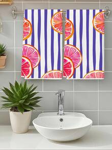 2 Pcs Lemon And Grapefruit Print Microfiber Kitchen Towels Summer Fruit Style Rectangular Absorbent Dish Cloths For Kitchen Cleaning And Decoration - Purple - View 3