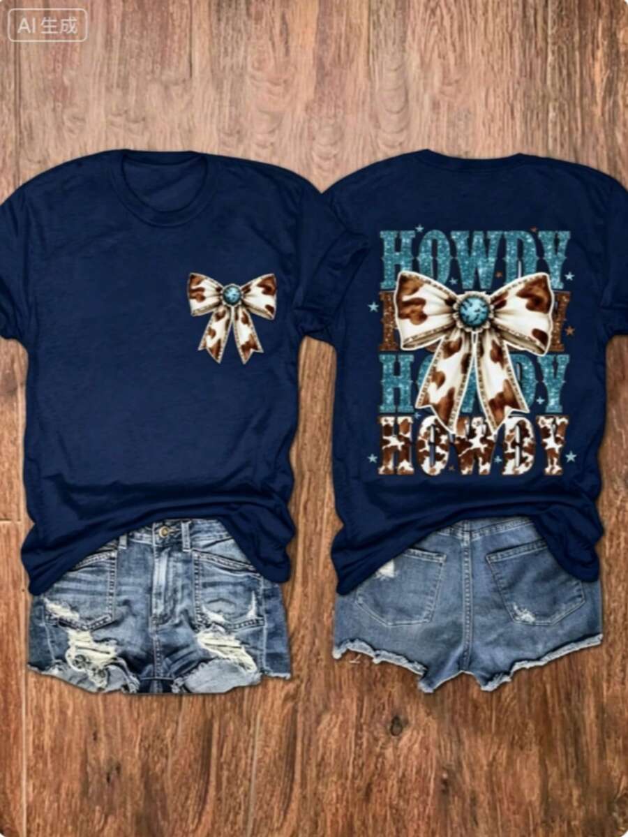 Western Tops Women, Turquoise Bow-Knot Print Round Neck Short Sleeve Top, Gift For Mom, Western Cowgirl Style, Country Outfit, Summer Cowboy Tee, Free Shipping - 藏青色 - 查看 1
