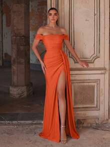 Faeriesty Elegant Ruched Design Maxi Bridesmaid Dress, Slit Hem, Knit Fabric Suitable For Formal Occasions And Balls Wedding - Orange - View 5