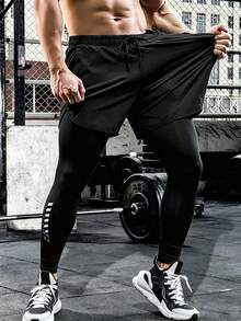 Celana Legging Ketat Olahraga Pria Musim Semi/Gugur, Celana Panjang Hitam untuk Kebugaran Luar Ruangan, Kain Elastis yang Nyaman, Desain Cetak Reflektif yang Modis - Hitam - View 3