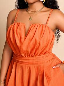 BIUBIU Plus Size Women's Orange Casual Jumpsuit, Sleeveless Spaghetti Strap V-Neck Ruched Short Jumpsuit With Pockets, Suitable For Summer And Daily Wear - Burnt Orange - View 7