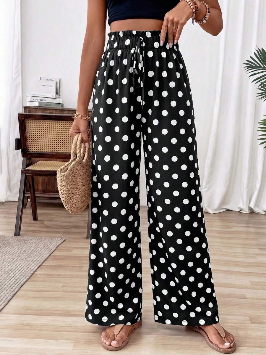 Pantalones anchos de pierna ancha con estampado de lunares, con nudo en la cintura, estilo casual de vacaciones para mujer - Blanco y Negro - Ver 1