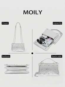 14- Rivet Tas Bahu Wanita Elegan Gaya Eropa & Amerika, Tas Selempang Dua Lapis PU Hitam dengan Desain Rantai yang Dapat Ditarik, Tas Persegi Kecil Modis, Cocok untuk Penggunaan Sehari-hari dan Kencan - Perak - View 3