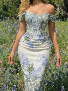 Women's Off-The-Shoulder Fitted Dress With Ruching And Floral Print - 彩色 - 查看 2