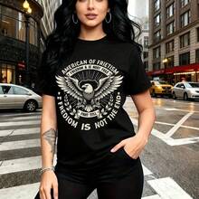 Camiseta de mujer con estampado de águila americana y texto "Don't Tread" - diseño gráfico urbano con mensaje de libertad, ajuste cómodo y estilo casual para el día a día - ideal para paseos por la ciudad, reuniones informales y regalo perfecto para - Negro - Ver 1