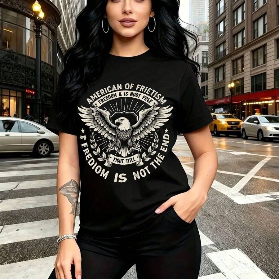 Camiseta de mujer con estampado de águila americana y texto "Don't Tread" - diseño gráfico urbano con mensaje de libertad, ajuste cómodo y estilo casual para el día a día - ideal para paseos por la ciudad, reuniones informales y regalo perfecto para - Negro - Ver 1