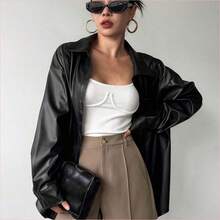 WNS  Chaqueta de cuero casual y holgada con bolsillo, estilo callejero, para otoño/invierno - Negro01 - Ver 6