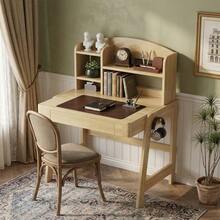 Children's Table, Children's Desk In Solid Wood, Height Adjustable, Natural Color, With Drawer, Storage Space And Hooks, Certified To Comply With Safety Standards, For Children From 6 Years Old. - 自然色 - 查看 4