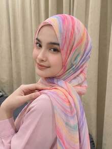 1PC Women's INS Style Rainbow Gradient Headscarf, Premium Digital Print Chiffon Printed Long Scarf, Lightweight Breathable All-Season Versatile Daily Wear - Rainbow Blending - View 3