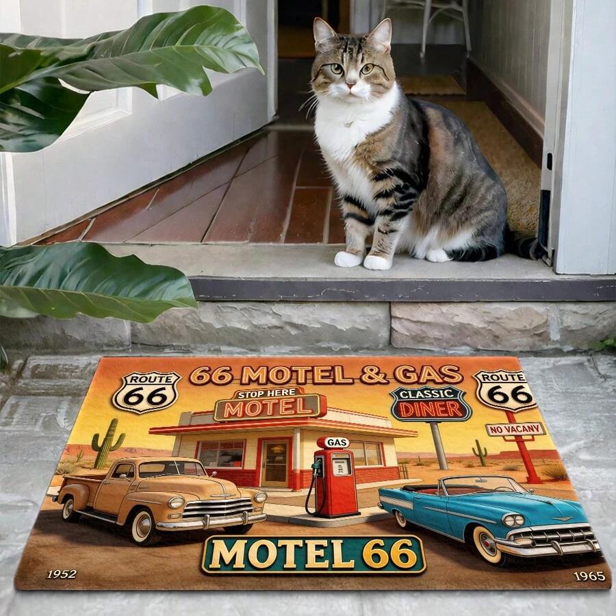 Vintage Motel & Gas Station Printed Flannel Doormats Bath Rugs N Classic Diner Retro Car Cactus Desert Pattern Non-Slip Floor Mat For Living Room Bedroom Bathroom, 1pc, 2pcs, 3pcs - 45x120cm - 查看 1