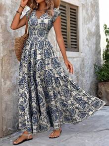 Vestido casual de vacaciones con volantes y estampado todo sobre para mujer, primavera/verano - Negro - Ver 1