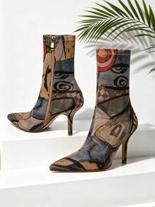 vivianly All Over Print Summer Ankle Boots For Women - Pointed Toe Stiletto Heels Shoes For Women Elastic Side Zip, Spring Fashion Unique Stretch Fabric With Print-Elegant Sexy Style For Commuting High Heels Boot Sandals, Summer Boots,Wedding Valentine's Day, Music Festival Party & Sexy Night Shoes Random (Each Pair May Vary For Surprise) - Không đều-C - Xem 4