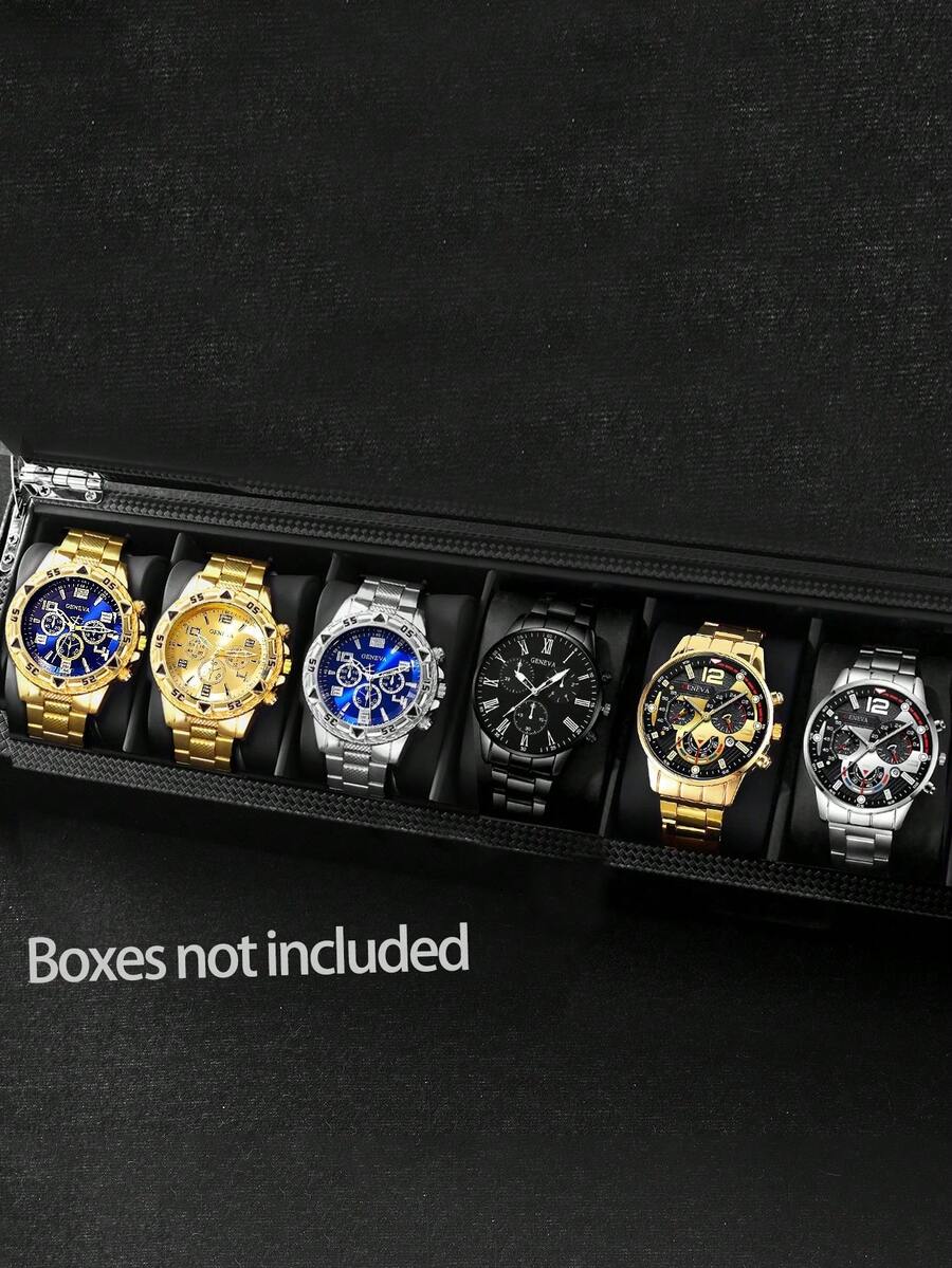 6件組休閒經典男士大錶盤商務時尚合金鋼錶帶手錶套裝 - 彩色 - 查看 1